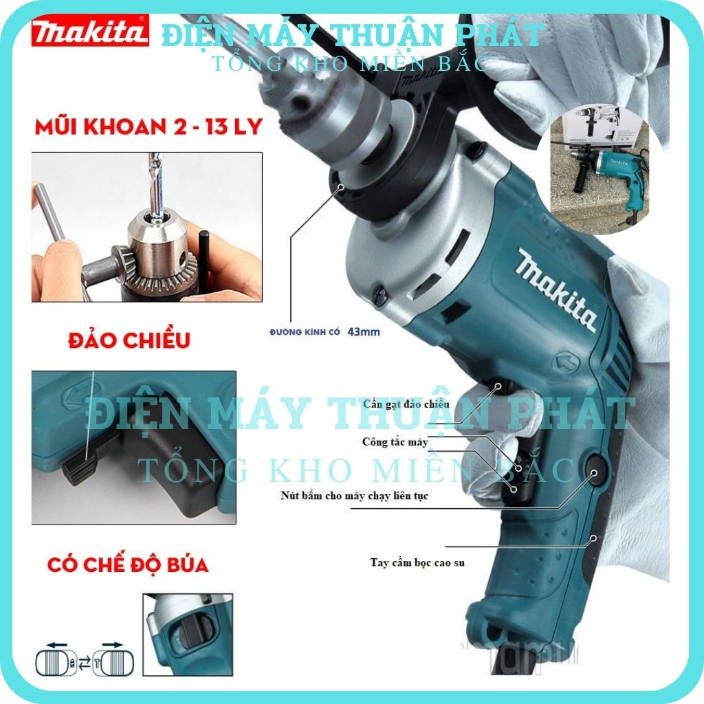 Máy khoan đục tường bê tông bắt bắn vít Makita HP1630 đa chức năng mini giá rẻ dùng điện cầm tay