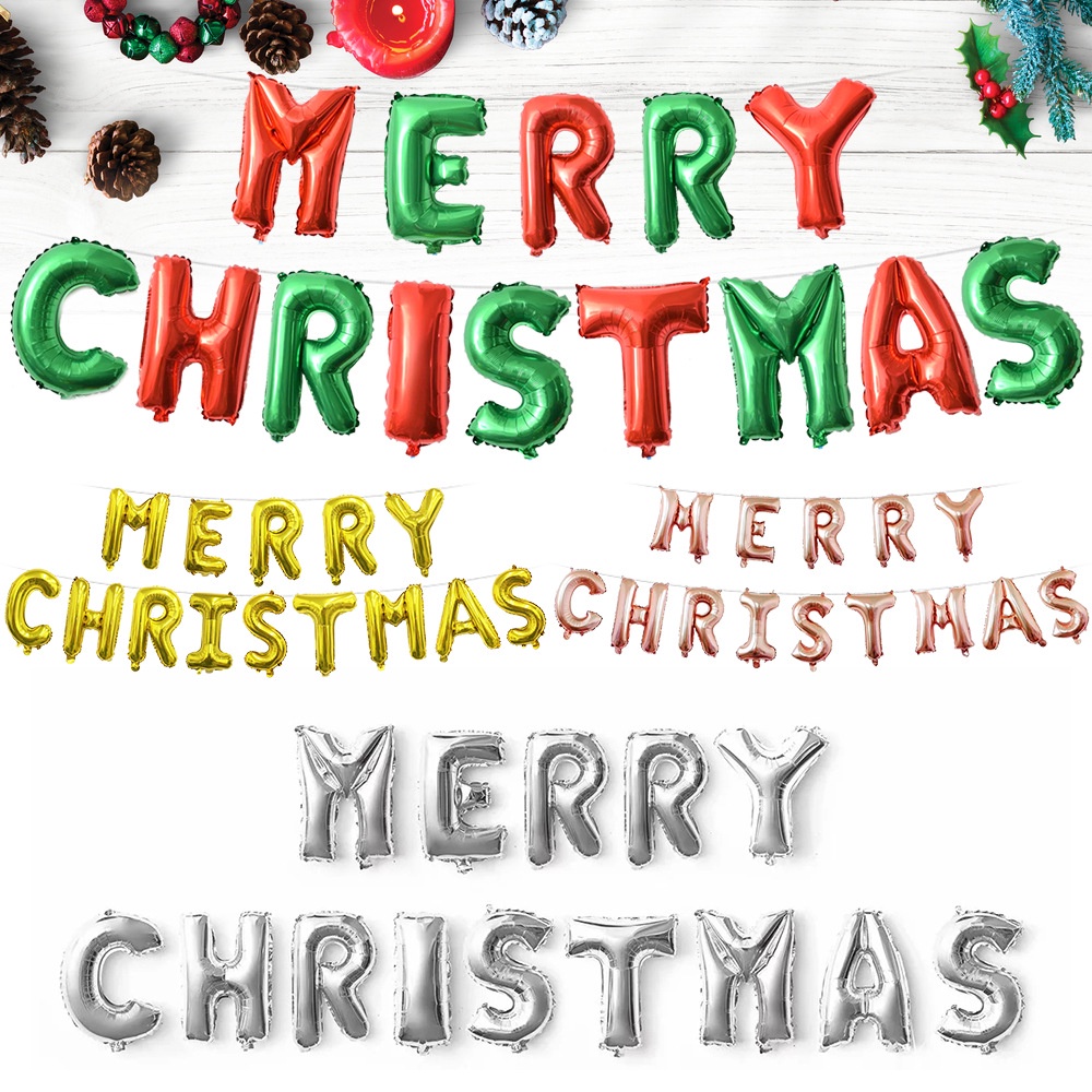 Bong bóng lá nhôm 16 inch hình chữ MERRY CHRISTMAS trang trí tiệc Giáng Sinh và năm mới