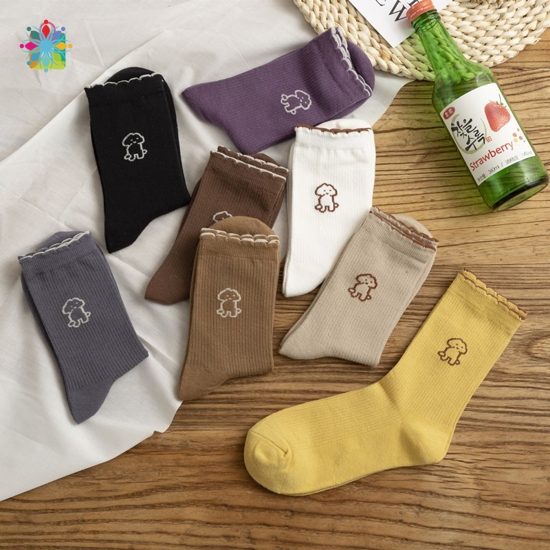 1 đôi tất cotton màu trơn in hình chú chó dễ thương cho nữ YIYUE YKT
