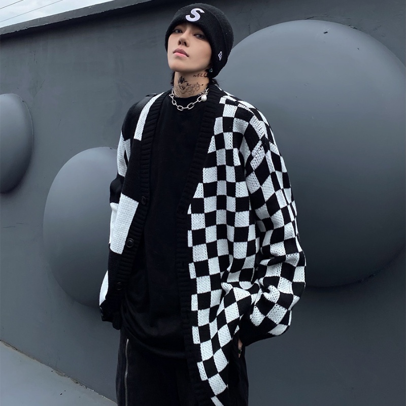 Áo khoác cardigan dệt kim dáng rộng họa tiết sọc caro trắng đen phong cách đơn giản thời trang xuân thu cho nam và nữ si