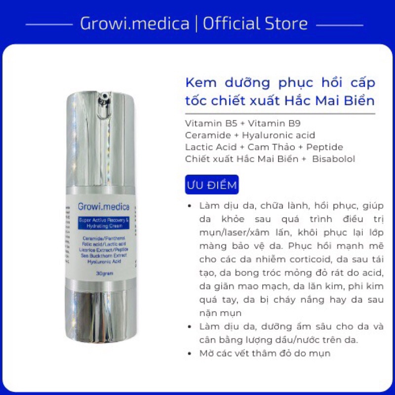 Kem dưỡng phục hồi cho da bong tróc mỏng đỏ, nhiễ.m corti, giãn mao mạch, da sau tái tạo 30 gram