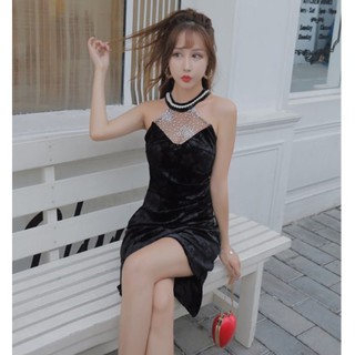 Đầm nhung the cổ yếm hai vạt siêu đẹp siêu xinh