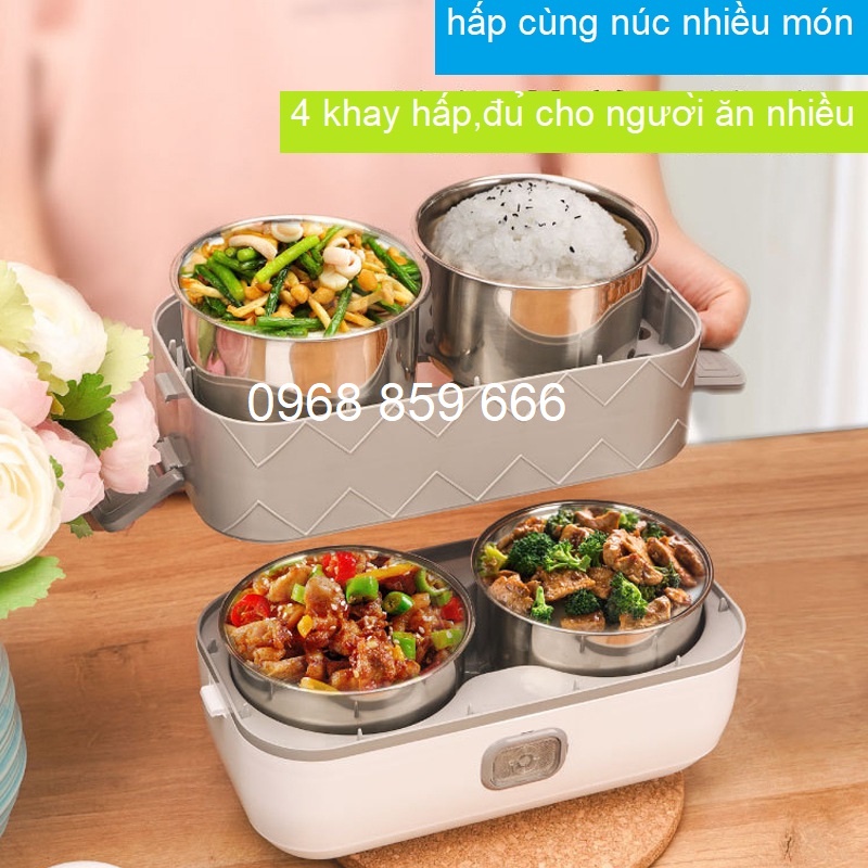 Hộp cơm cắm điện văn phòng 3 tầng giữ nhiệt 4 khay thức ăn, Hộp com hâm nóng tự nấu chín hâm nóng đồ ăn ruột inox