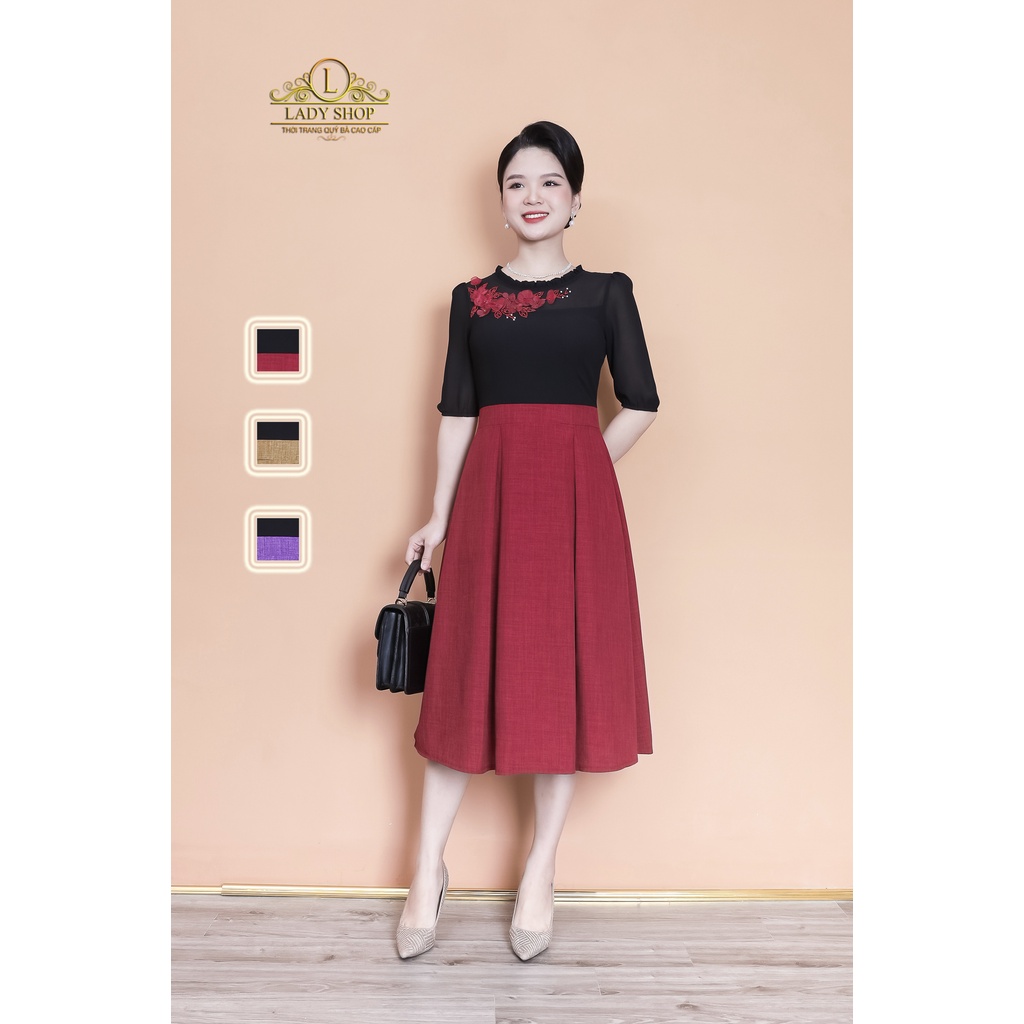 Đầm voan cổ bèo kết hoa chân xước Ladyshop thời trang trung niên cao cấp TK939