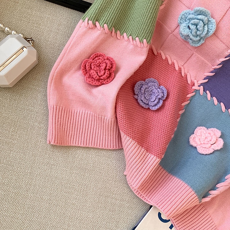 Xiaoxiang Áo Vest Dệt Kim Họa Tiết Hoa Màu Sắc Tương Phản Phong Cách Hàn Quốc Cho Nữ