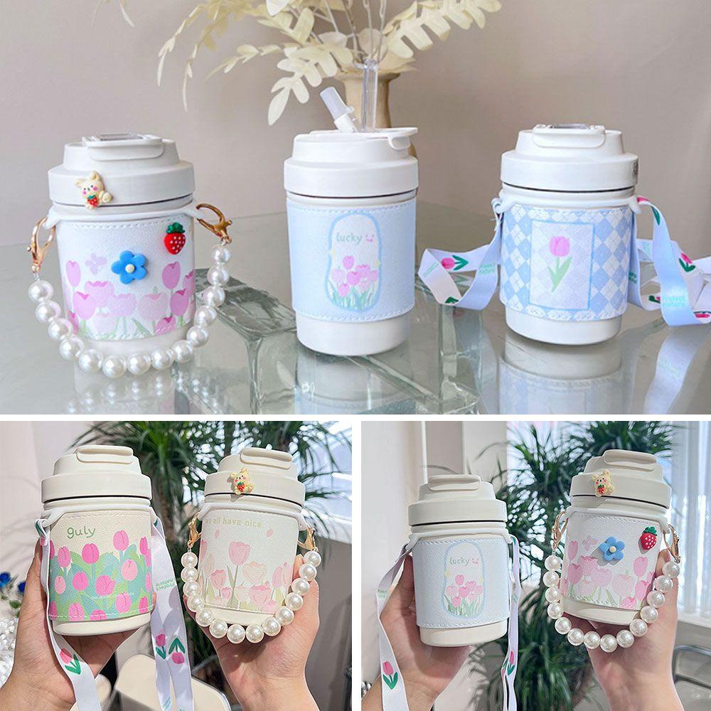 Bình Nước Giữ Nhiệt 450ml Có Ống Hút Hình Hoa Tulip