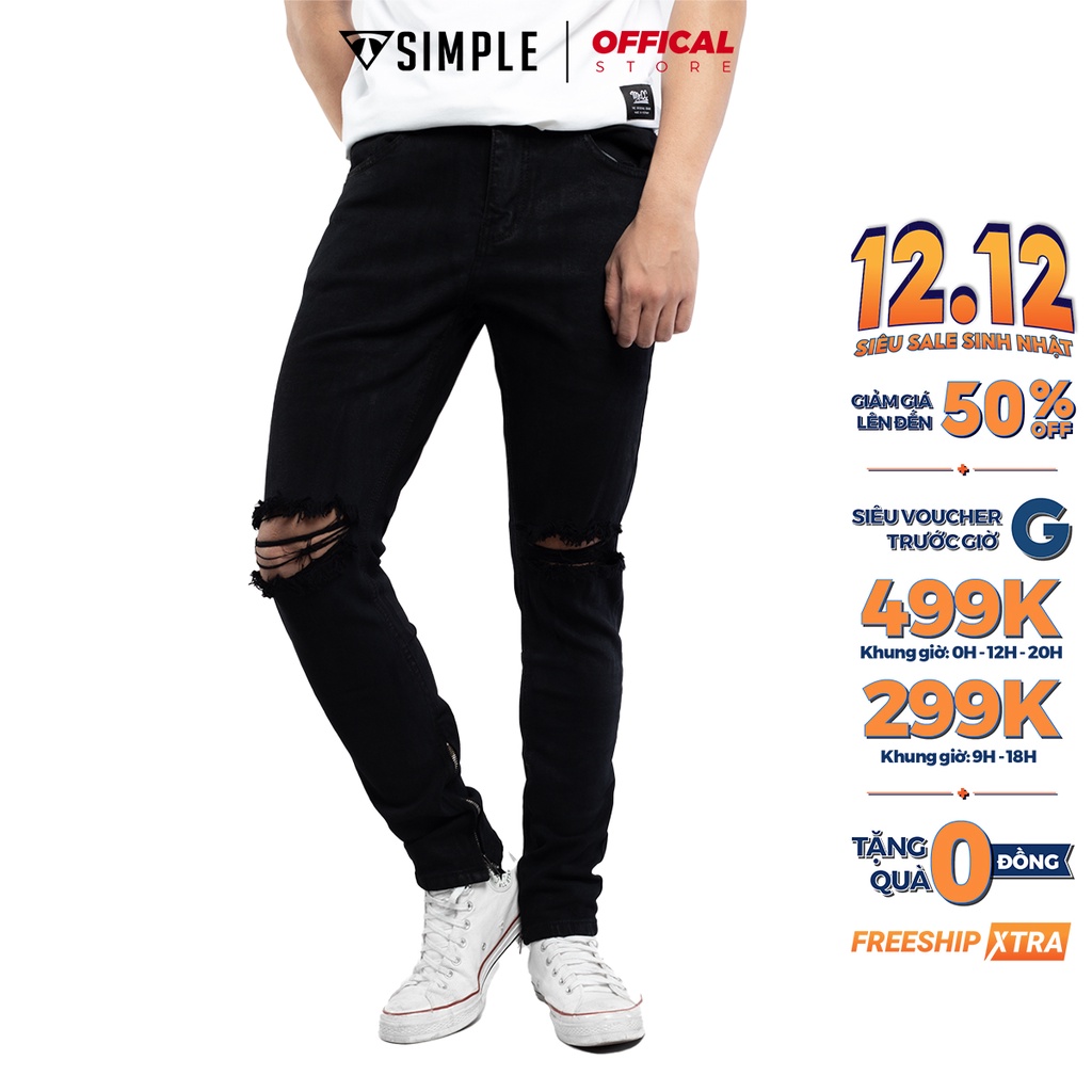 Quần Jean Nam Đen TSIMPLE rách gối chất bò cao cấp co giãn form slimfit QJRZ01 | WebRaoVat - webraovat.net.vn