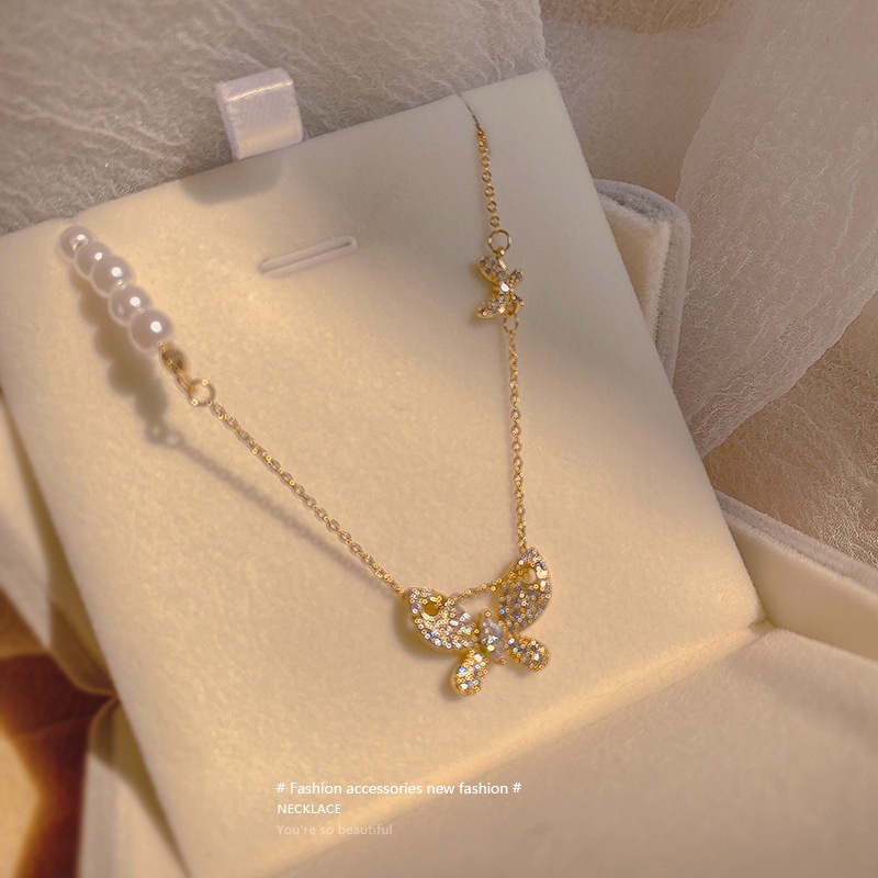 Vòng cổ YeYi thép titan mặt hình bướm đính ngọc trai sang trọng cho nữ