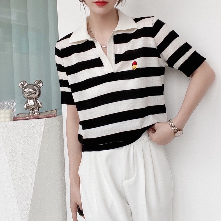 Áo thun ZHELIHANGFEI dệt kim ngắn tay họa tiết kẻ sọc trẻ trung