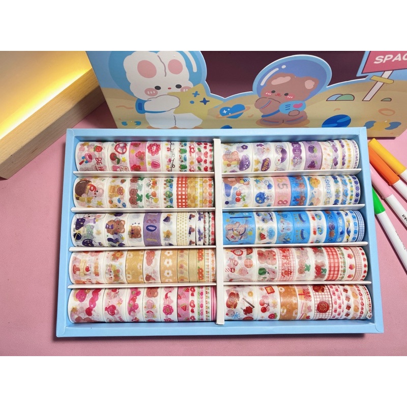 Set 100 cuộn washi tape dễ thương dùng trang trí sổ, trang trí bullet journal