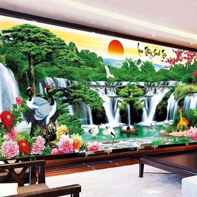 Tranh thêu kính MN0087 lưu thủy sinh Tài kích thước 180 x 75 cm