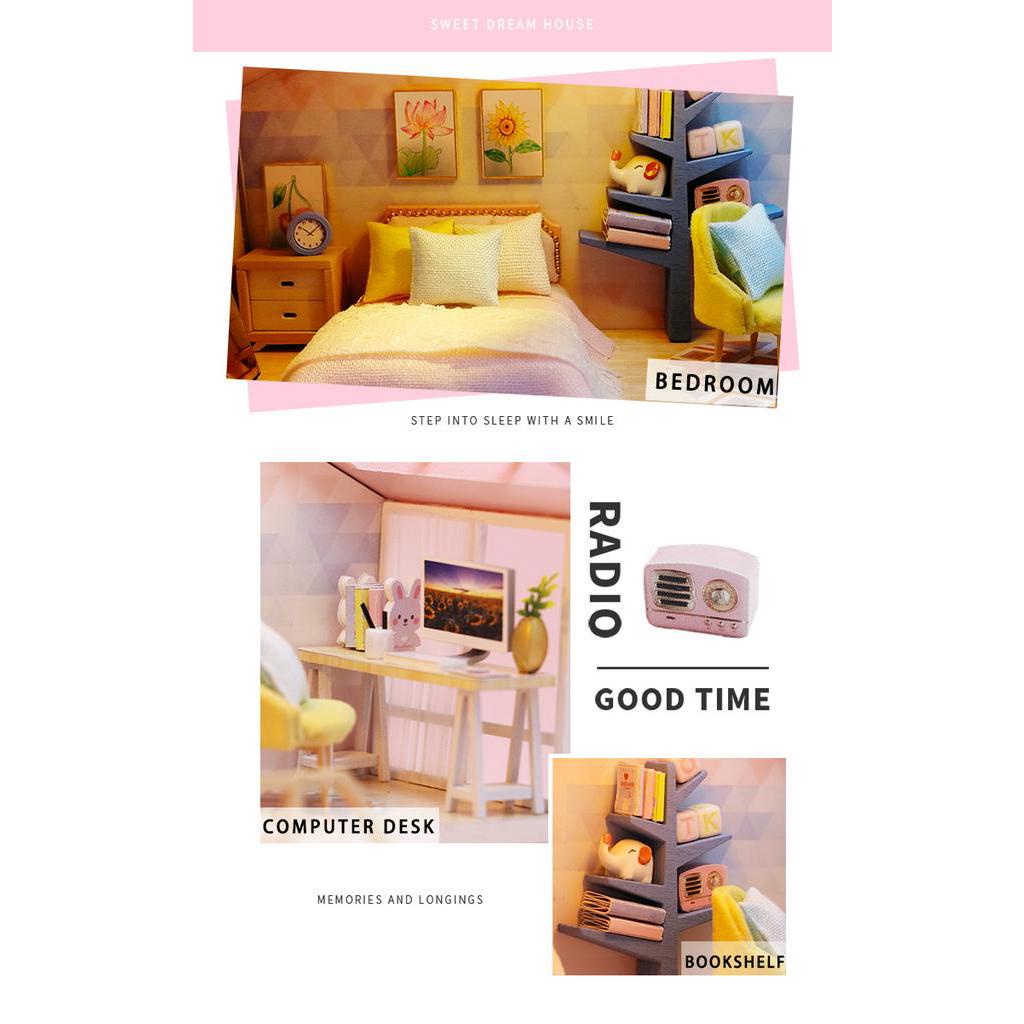 Nhà búp bê lắp ghép DIY Dollhouse bằng gỗ Mẫu Sweet Time có đèn Led Tặng kèm dụng cụ lắp ráp ToystationVN