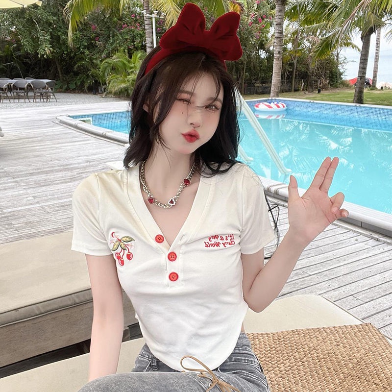 COZOK Áo Thun Tay Ngắn Dáng Ôm Thêu Hình Quả Cherry Dễ Thương