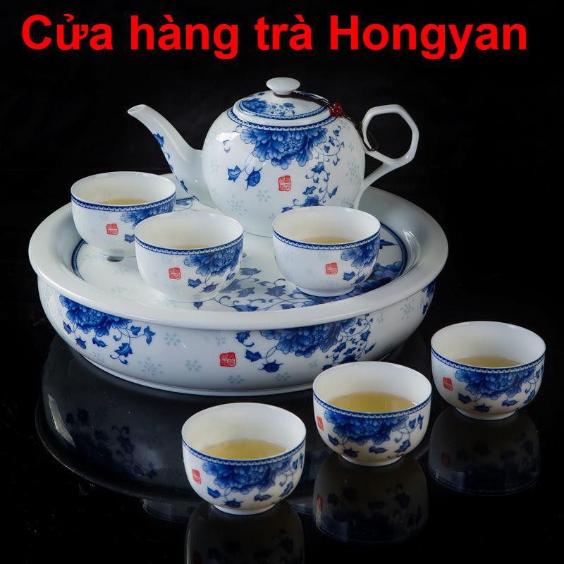 Vần cổBộ trà sứ trắng xanh Jingdezhen Kung Fu nhà quà tặng khay Trung Quốc phong cảnh tuyết phủ ấm