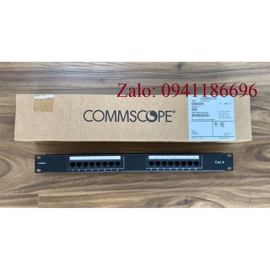 Patch panel 16 port Cat6 nhân liền Commscope, dùng thanh chuẩn 24 cổng