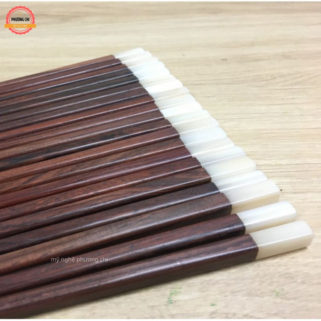 Đũa gỗ trắc đầu tròn, vuông gắn ốc biển [ bộ10 đôi ], đũa gỗ cao cấp chống trơn, chống mốc, bền màu | Mỹ nghệ phương chi