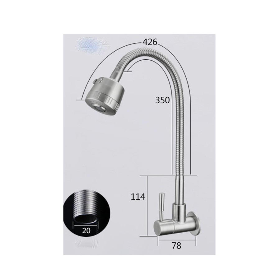 Vòi rửa chén xả lạnh gắn tường inox 304  cần mềm- Đầu vòi 2 chế độ tăng áp -1 đường nước mã QH-DL006