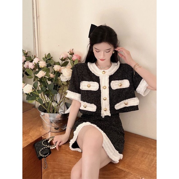 VIDEO ẢNH THẬT Set Áo Dạ Tweed Chân Váy Viền Đen Trắng