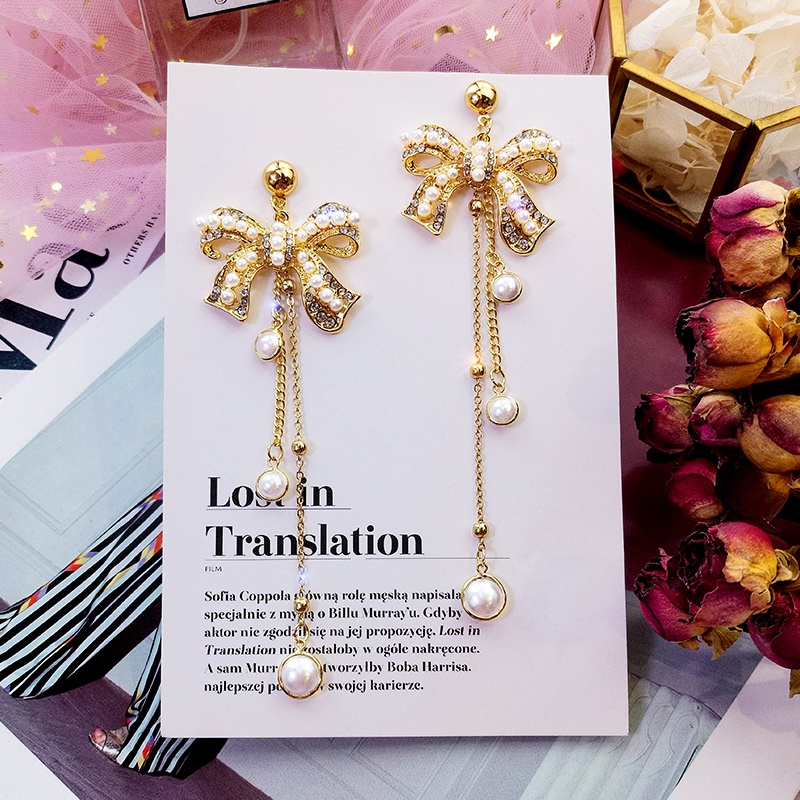 Đôi Khuyên Tai Dáng Dài Trang Trí Nơ Đính Ngọc Trai Thời Trang Hàn Quốc 2022