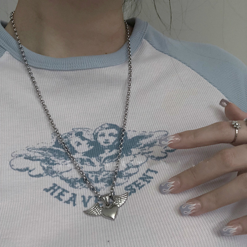 Dây Chuyền Inox Mặt Trái Tim Và Đôi Cánh Thiên Thần Kiểu Hàn Quốc