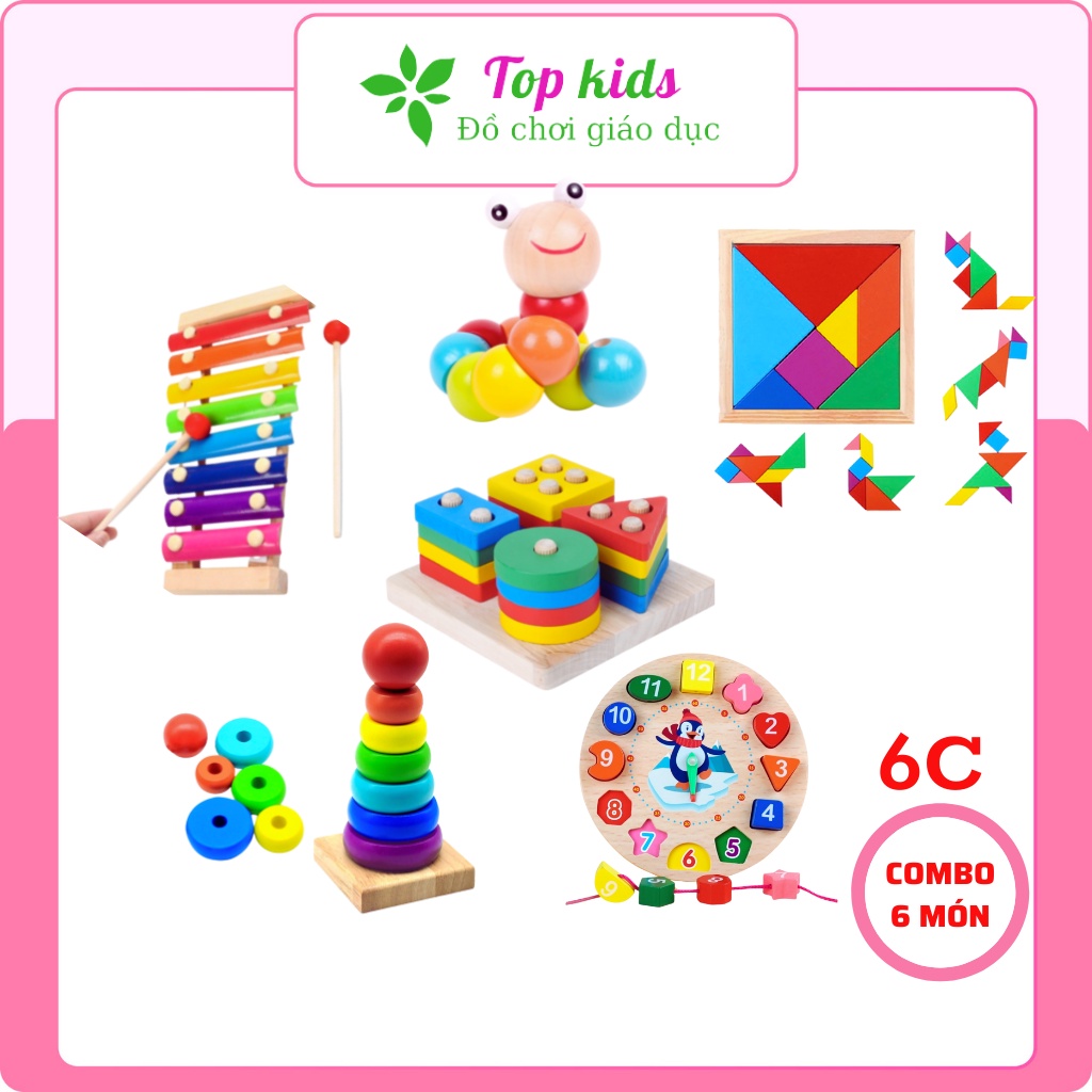 Đồ chơi giáo dục cho bé montessori combo 6 món đồ chơi gỗ thông minh cho trẻ phát triển trí tuệ TOPKIDS