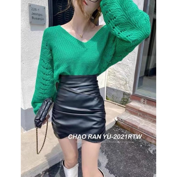 Chân váy da dúm vạt chéo hàng QC