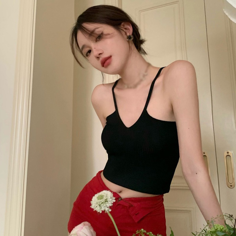 Áo Croptop Dệt Kim Sát Nách Cổ Chữ V Màu Sắc Đơn Giản Phong Cách Hàn Quốc