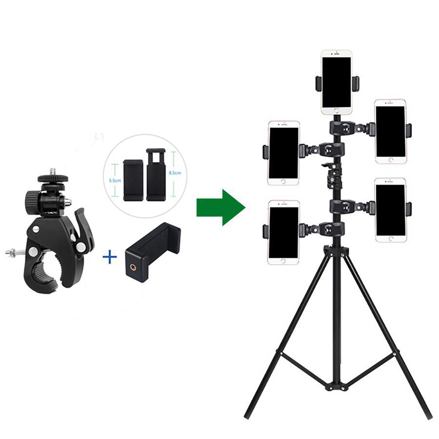 Kẹp càng cua gắn điện thoại gắn vào tripod, chân đèn livestream hỗ trợ livestream,live quay phim nhiều máy cùng lúc