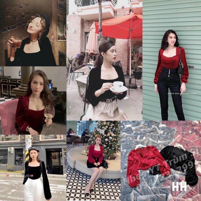 Áo nhung cổ U tay bồng MIDI
