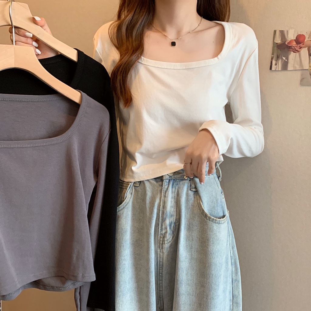 NZN Áo Thun Tay Dài Cổ Vuông Phong Cách Hàn Quốc Cho Nữ