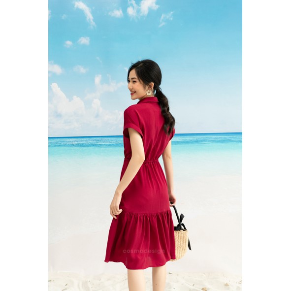 [COSMO Design]Váy Suông Đỏ Rút Dúm Ở Eo Cài Khuy Trước Ngực
