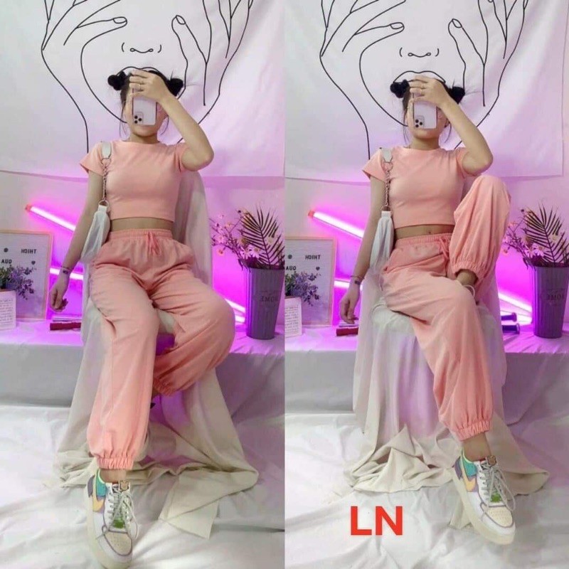 bộ thun áo croptop ngắn tay + quần bom chun gấu nhiều màu LN50