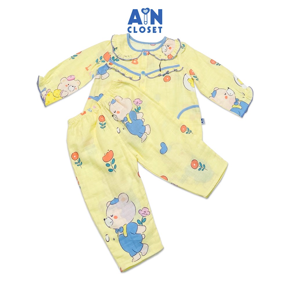 Bộ quần áo dài bé gái họa tiết Gấu xanh nền vàng xô sợi tre - AICDBGUNKCAC - AIN Closet