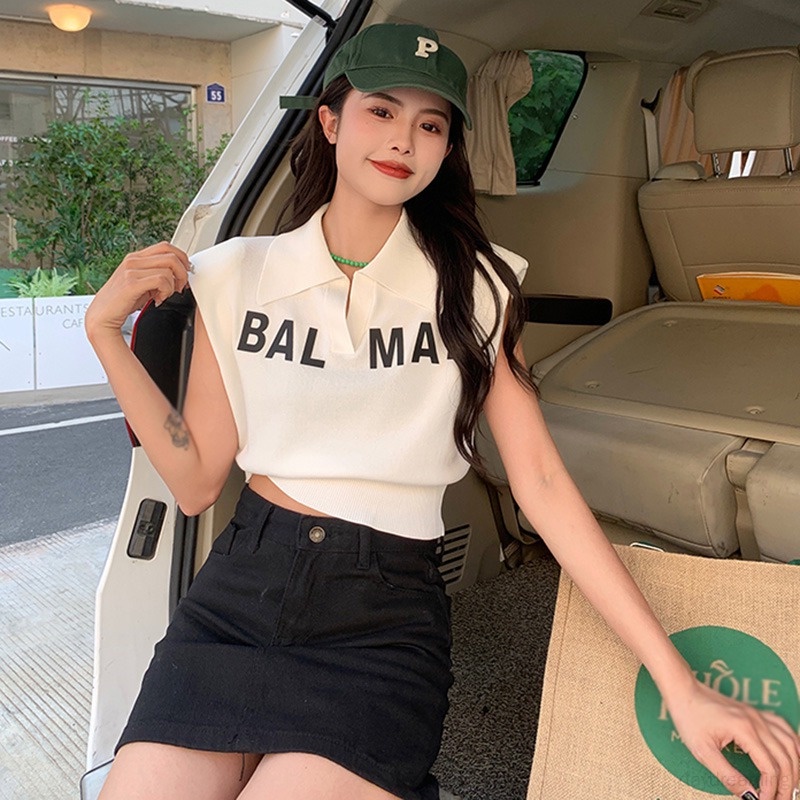 Áo Lửng Hai Dây Kẻ Sọc In Chữ Thời Trang Cho Nữ