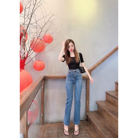 Quần jeans suông giãn gấu to #395