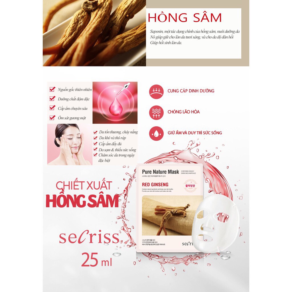 Mặt Nạ Pure Nature Mask Red Ginseng Hồng Sâm chống lão hoá - SECRISS - ANSKIN - HÀN QUỐC - DERMAROLLER