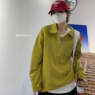 Ethelgirl 2 màu thời trang Hàn Quốc ulzzang retro dáng rộng tay dài cổ áo Polo dành cho nữ