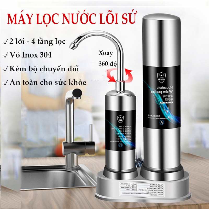 Máy Lọc Nước Lõi Sứ Water Purifier 2 Lõi 4 Tầng Lọc Bộ Lọc Nước Dạng Đứng Tại Vòi  Không Dùng Điện Không Nước Thải VT268