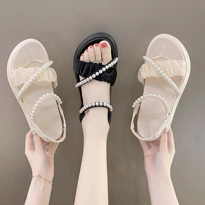 Xăng đan nữ quai ngọc phối ren, Sandal nữ sang chảnh mẫu mới - PinkOri