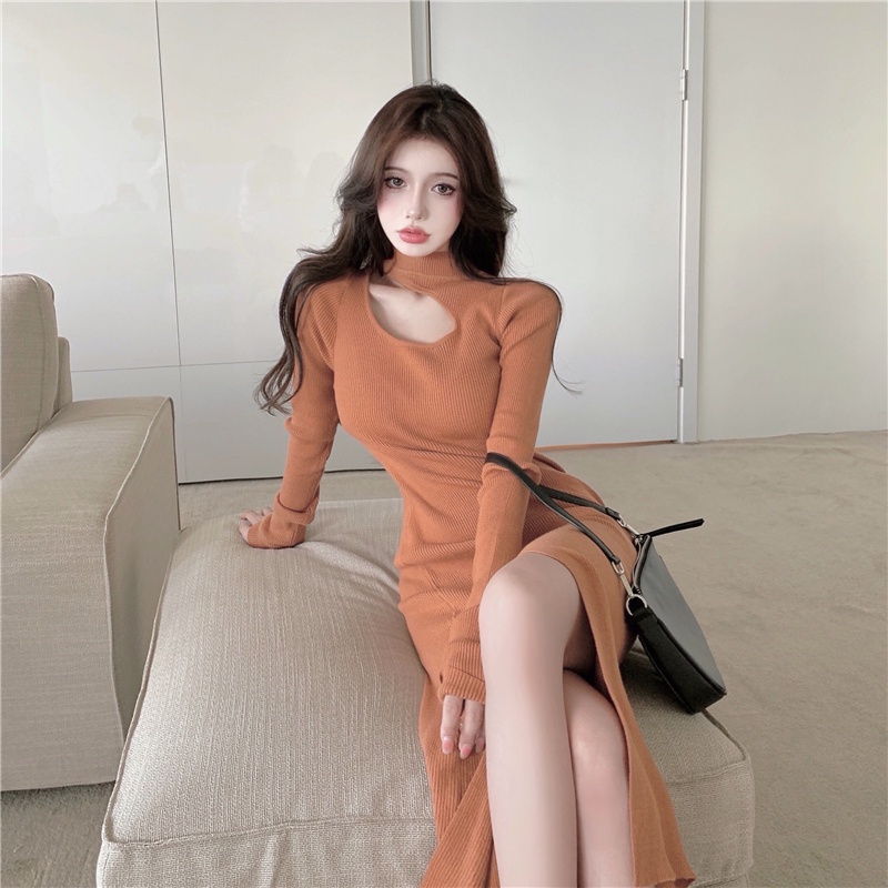 ORDER 7-10 NGÀY Váy body len cao xẻ tà dài tay áo len dệt kim váy dài phụ nữ