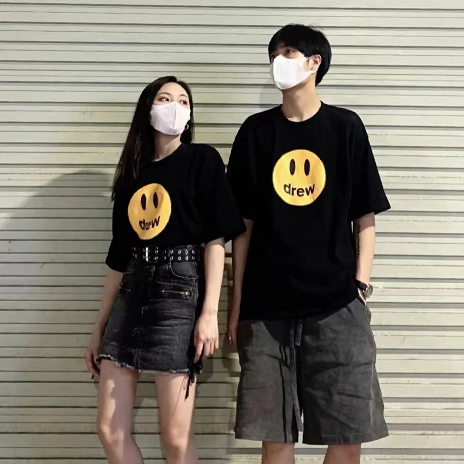 Áo thun DREW mặt cười tay lỡ form rộng vải Cotton