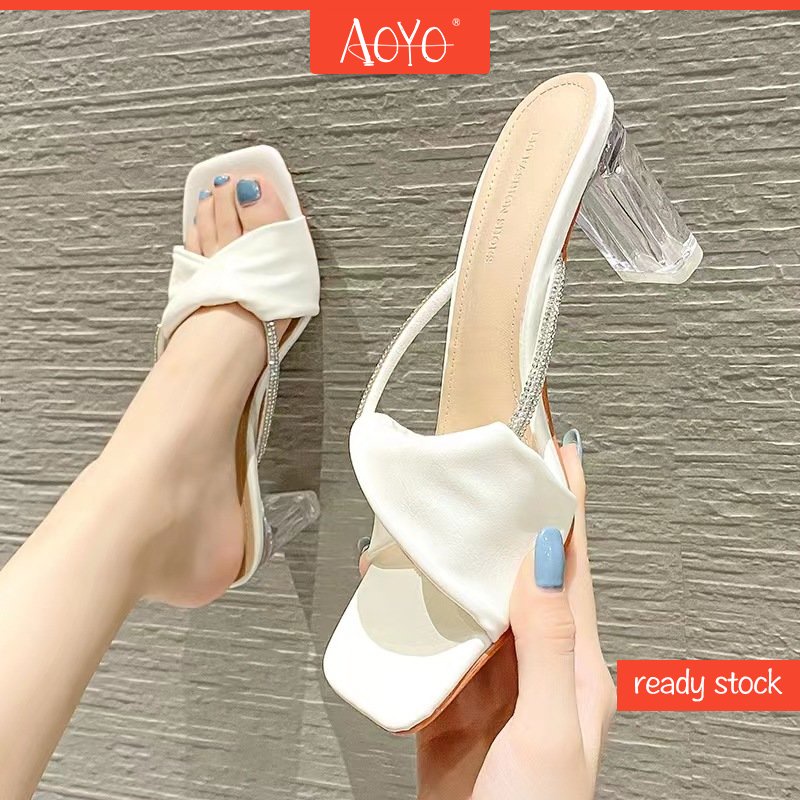 Dép Cao Gót 7 / 9CM Mũi Vuông Quai Trong Suốt Thời Trang Mùa Hè Cho Nữ