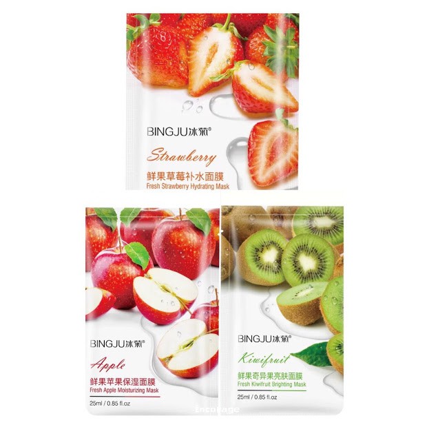 Combo 10 Miếng Mặt Nạ Trái Cây Bingju Chiết Xuất Từ Trái Kiwi - Dâu -Táo
