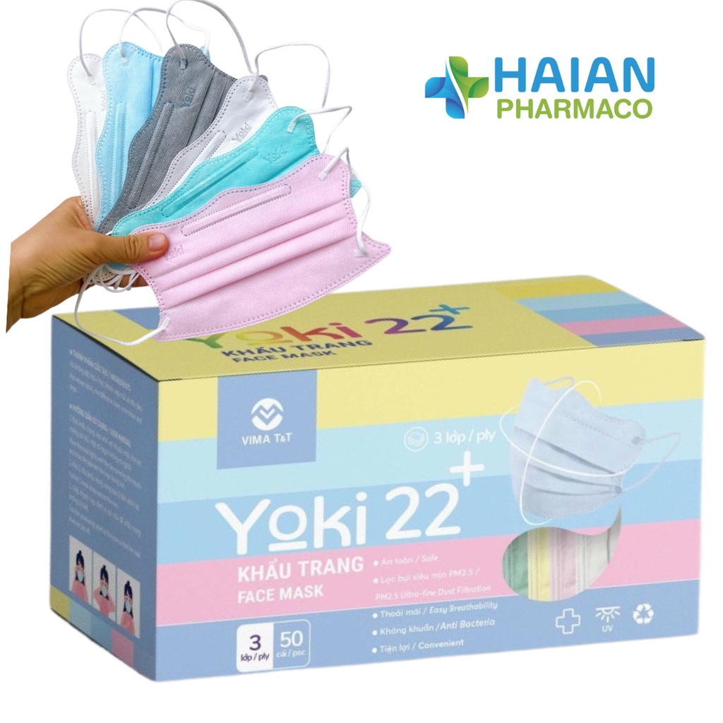 Khẩu trang Yoki 22+ 4 lớp kháng khuẩn hộp 50 cái kiểu dáng hình con cua