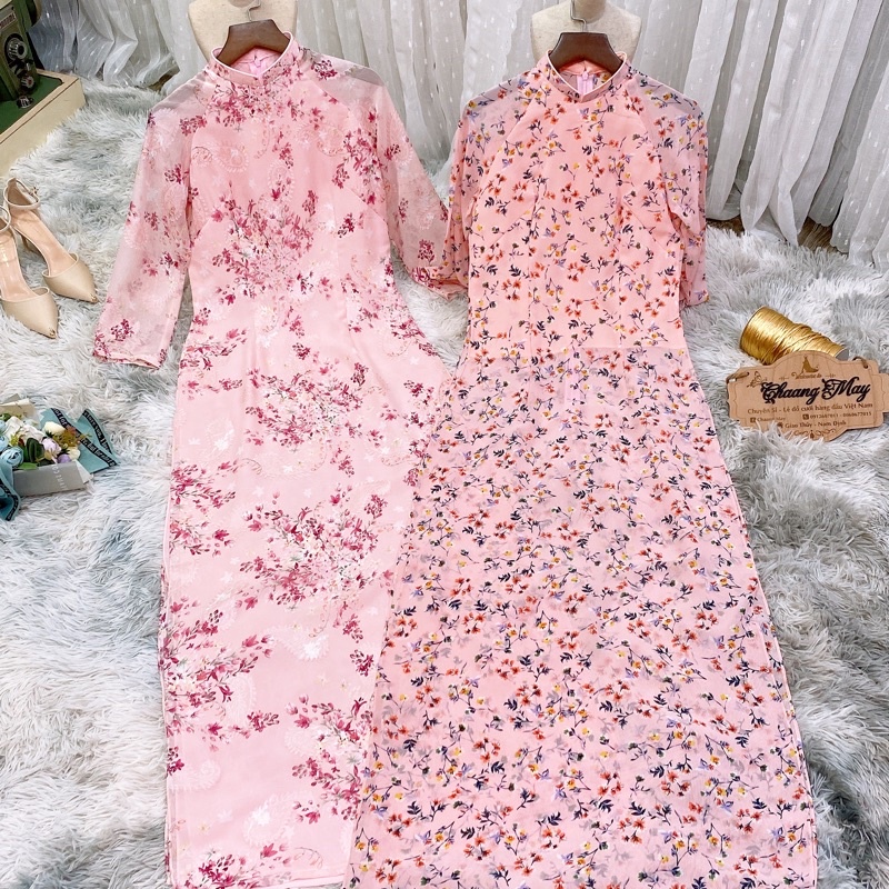 Áo dài hoa nhí đẹp giá rẻ may sẵn áo dài truyền thống lụa tơ voan thumbnail