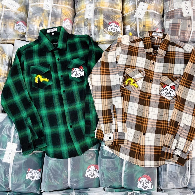 Áo Sơ Mi Nam Tay Dài Vải Nỉ Caro In Hình EVISU Phong Cách Độc Lạ Thời trang Hot Trend Mới