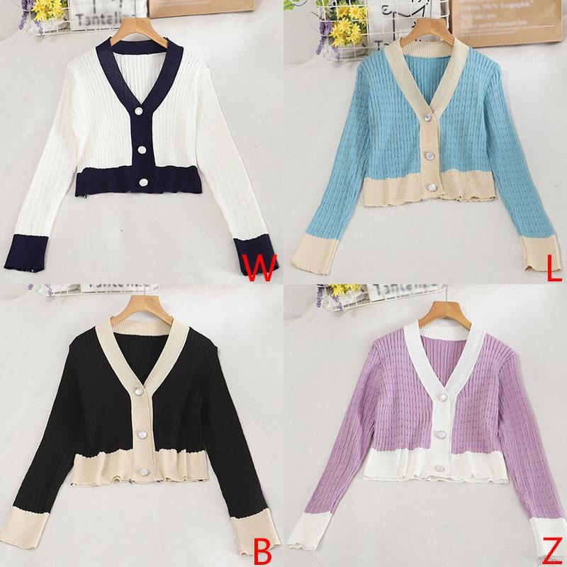 Áo cardigan dệt kim tay dài cổ chữ V phối màu tương phản thời trang Hàn Quốc trẻ trung