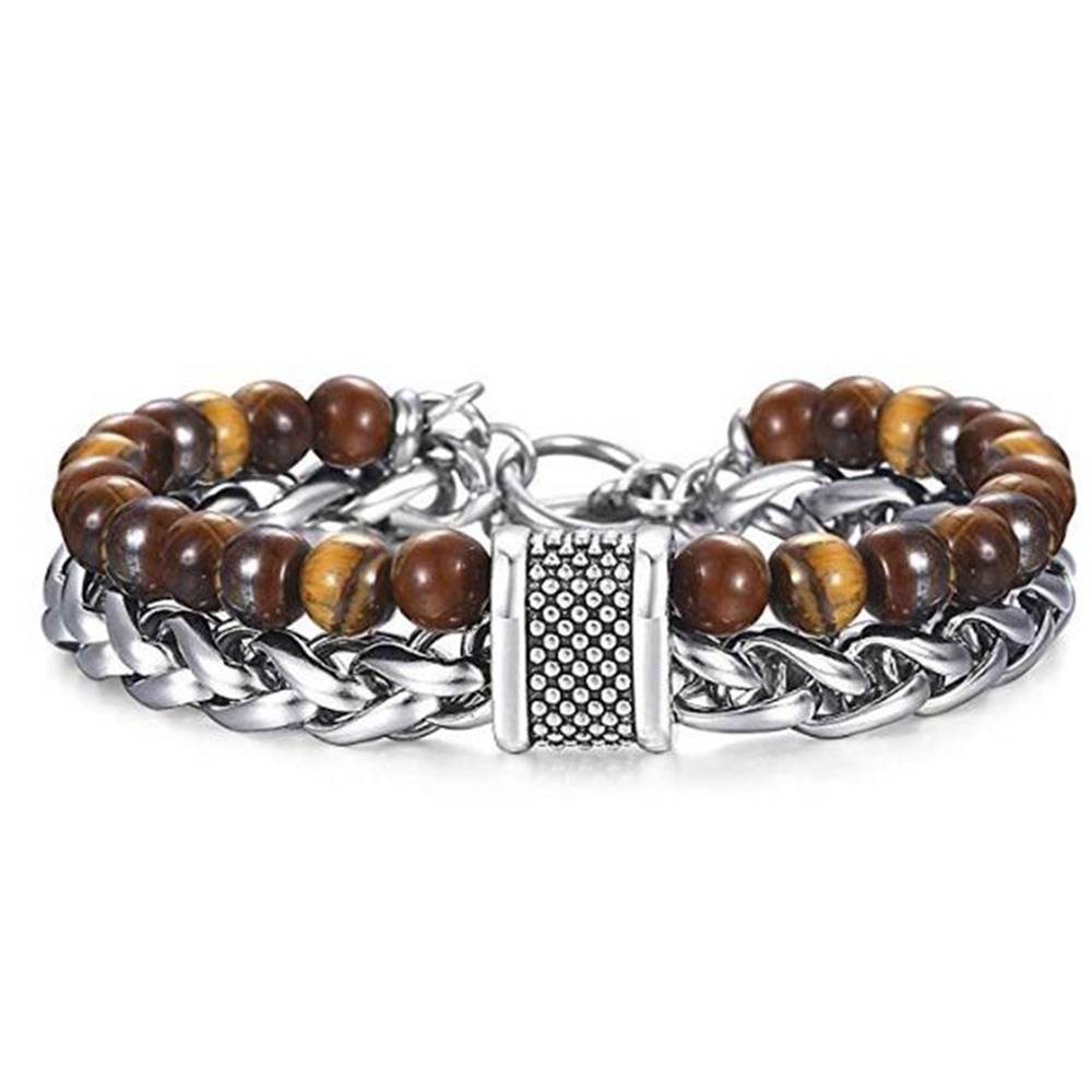 Natural Tiger Eye Obsidian Beaded Gelang Pria Trendy Rantai Gandum 22 CM