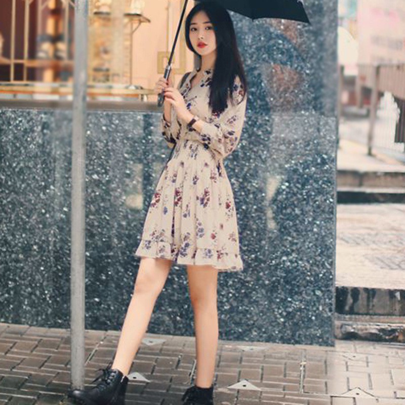 Đầm Chiffon Tay Dài Thiết Kế Cắt Xẻ Độc Đáo Phong Cách Hàn Quốc