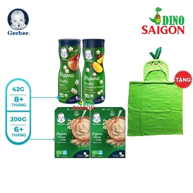 Combo 4 Sản Phẩm Gerber Organic gồm 2 Hộp Bột 200g vị Yến Mạch + 2 Hộp Bánh Ăn Dặm Puffs 42g